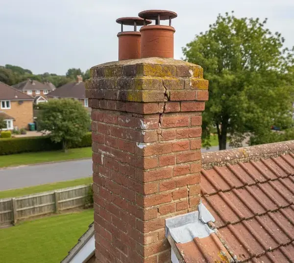 Eroded mortar and poor pointing on chimney stack requiring repair in Pontypool.
