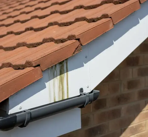 Water damage and rot on wooden fascia and soffit board.